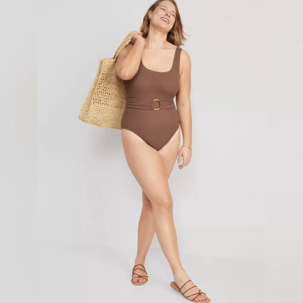 Old Navy Belted Crochet One Piece Swimsuit // Maplewood Brown